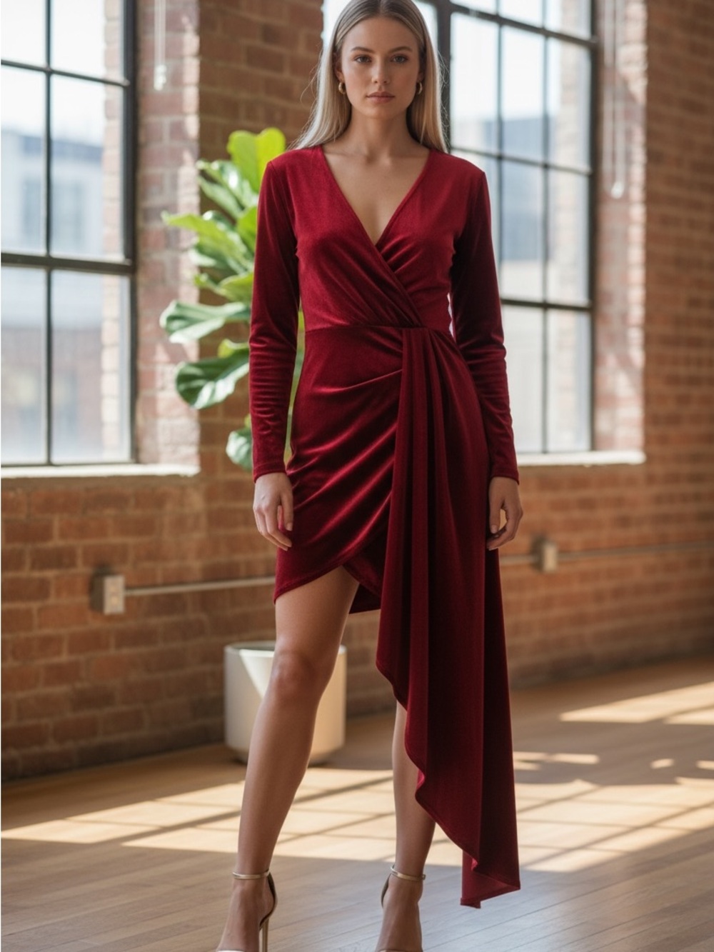 Windsor Red Velvet Long-Sleeve Wrap Dress